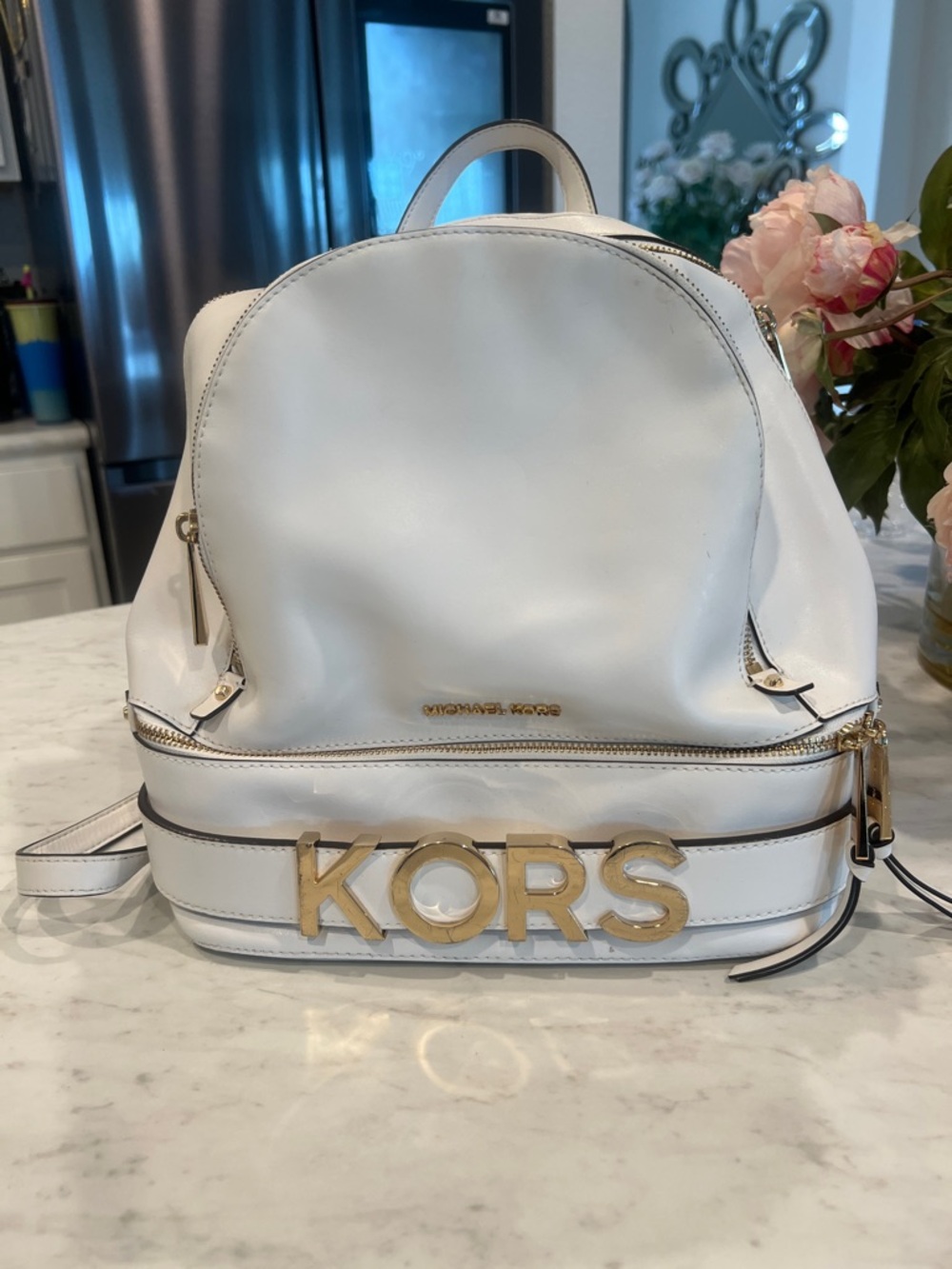 Michael Kors White Leather Backpack with Gold KORS Logo